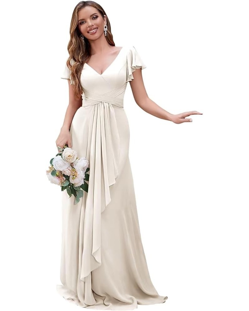 Women's V Neck Bridesmaid Dresses for Women 2024 Short Sleeves Chiffon Long A Line Wedding Evening Gown with Pockets Ivory $2...