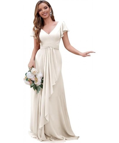 Women's V Neck Bridesmaid Dresses for Women 2024 Short Sleeves Chiffon Long A Line Wedding Evening Gown with Pockets Ivory $2...