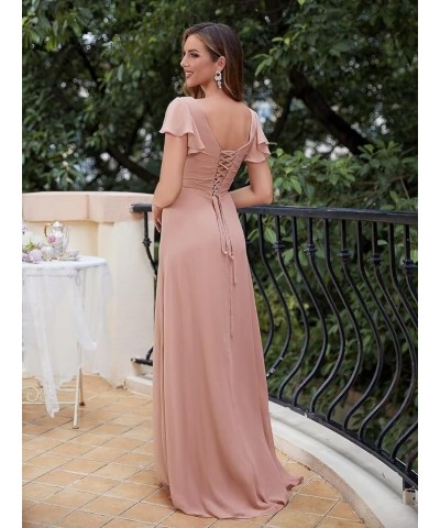 Women's V Neck Bridesmaid Dresses for Women 2024 Short Sleeves Chiffon Long A Line Wedding Evening Gown with Pockets Ivory $2...