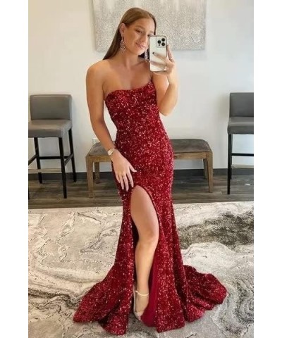 Women's 2023 One Shoulder Sequin Mermaid Prom Dresses Long Slit Glitter Backless Evening Party Gowns A-red $29.25 Dresses