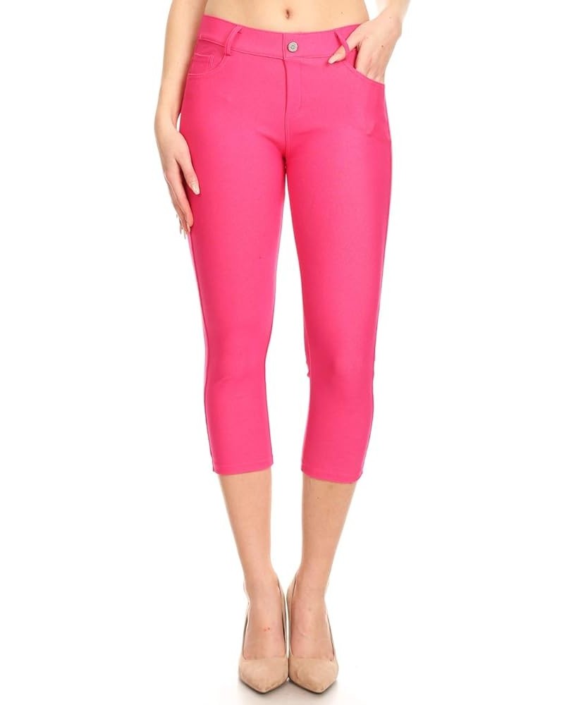 Women's 5 Pocket Capri Jeggings - Pull On Skinny Stretch Colored Jean Leggings with Plus Size Options Fuchsia $13.44 Leggings