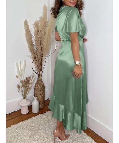 Women's 2024 Floral Ruffle Wedding Guest Wrap Maxi Dress Boho Bridesmaid Long Flowy Party Dress Satin-Short Sleeve 01 Satin L...