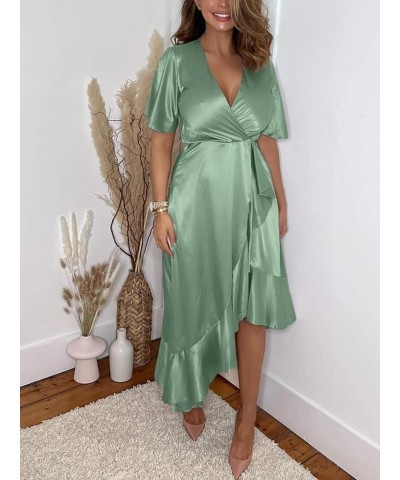 Women's 2024 Floral Ruffle Wedding Guest Wrap Maxi Dress Boho Bridesmaid Long Flowy Party Dress Satin-Short Sleeve 01 Satin L...