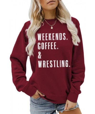 Women's Sweatshirt Weekends Coffee Wrestling Long Sleeve Crew Neck Graphic Pullover Mom Casual Tops Shirts Sport Tees Dark Re...