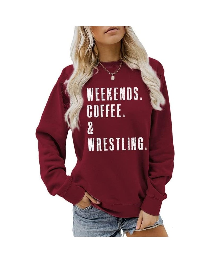Women's Sweatshirt Weekends Coffee Wrestling Long Sleeve Crew Neck Graphic Pullover Mom Casual Tops Shirts Sport Tees Dark Re...