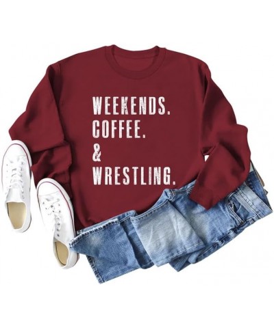 Women's Sweatshirt Weekends Coffee Wrestling Long Sleeve Crew Neck Graphic Pullover Mom Casual Tops Shirts Sport Tees Dark Re...