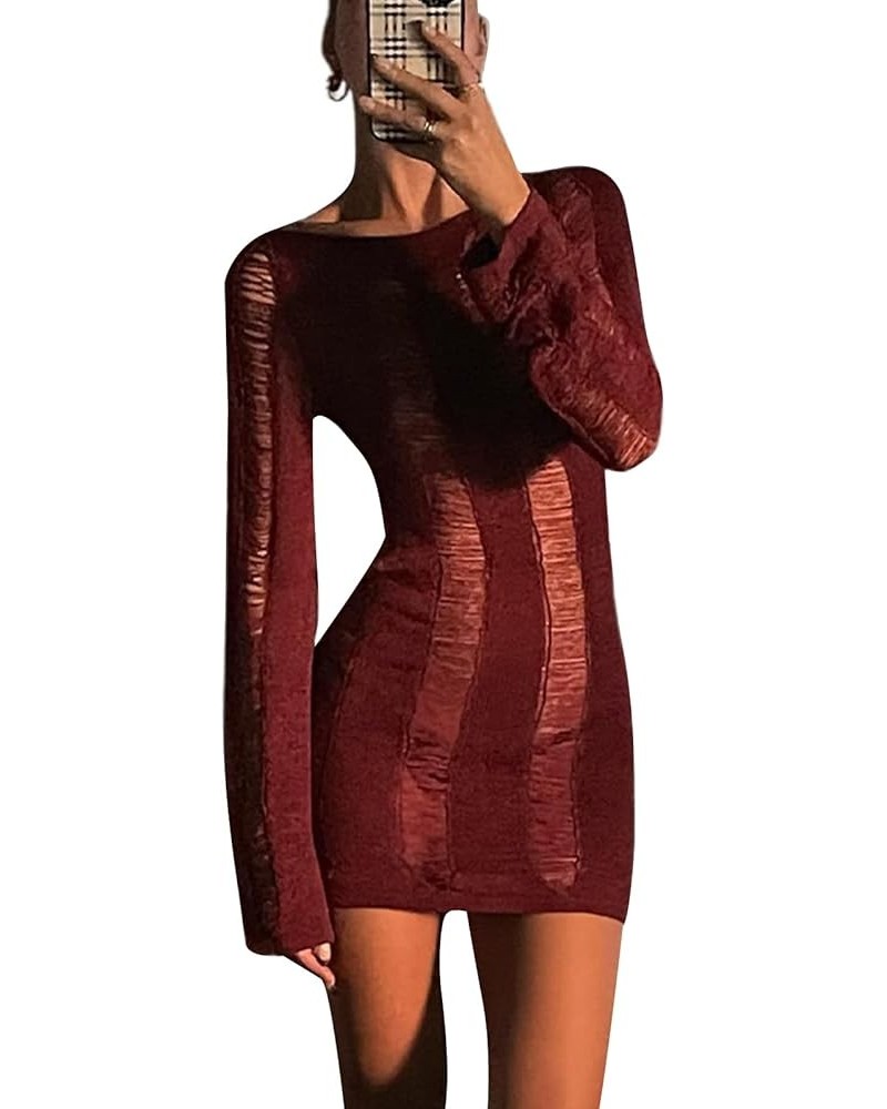 Women 's Hollow Out Backless Mini Bodycon Dress Ripped Tassel Crochet Knitted Long Sleeve Wrap Dresses Beach Cover Up Wine Re...