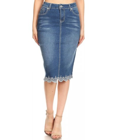 Womens Plus/Juniors Mid Waist Below Knee Length Denim Skirt in Pencil Silhouette Vintage Wash (77227) $16.80 Skirts