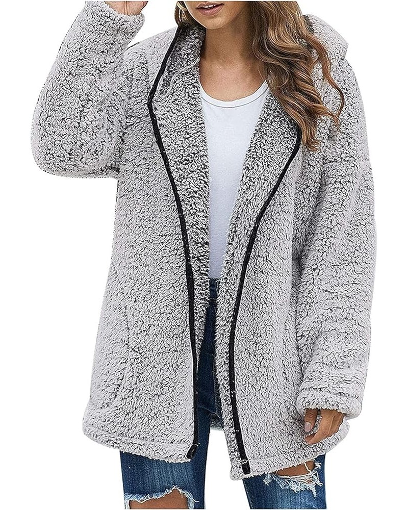 Womens Fleece Jacket Winter Fuzzy Sherpa Lined Open Front Long Cardigan Coats Thermal Hooded Jackets with Pockets M-dark Gray...