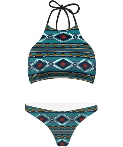 Fashion Printing High Neck Halter Bikini Swimsuit for Women Girls Mesh Lining Quick Dry Southwestern Aztec $11.25 Swimsuits