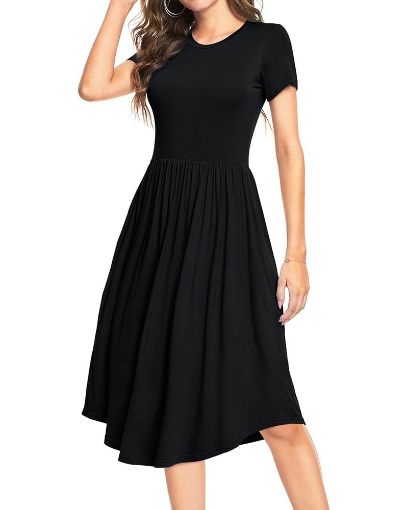 Women Summer Polka Dot Short Sleeve Midi Casual Dress Knee Length Teacher Dresses with Pockets B-plain Black $14.07 Dresses