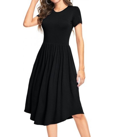 Women Summer Polka Dot Short Sleeve Midi Casual Dress Knee Length Teacher Dresses with Pockets B-plain Black $14.07 Dresses