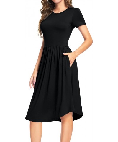 Women Summer Polka Dot Short Sleeve Midi Casual Dress Knee Length Teacher Dresses with Pockets B-plain Black $14.07 Dresses