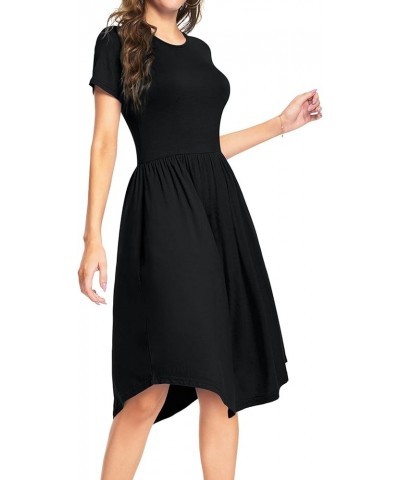 Women Summer Polka Dot Short Sleeve Midi Casual Dress Knee Length Teacher Dresses with Pockets B-plain Black $14.07 Dresses