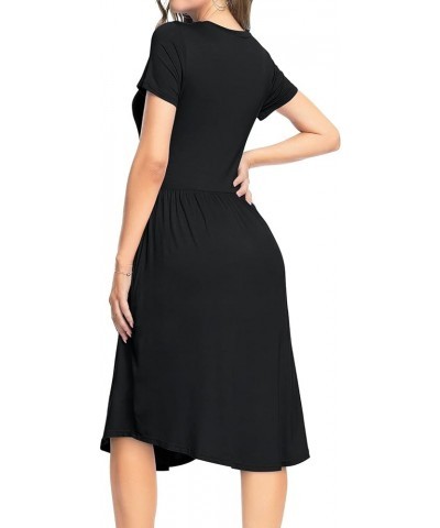 Women Summer Polka Dot Short Sleeve Midi Casual Dress Knee Length Teacher Dresses with Pockets B-plain Black $14.07 Dresses