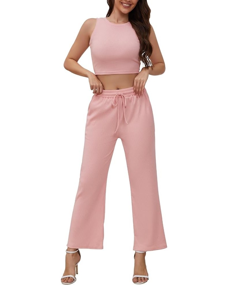 Two Piece Outfits Women Lounge Set Ribbed Knit 2 Piece Sleeveless Crop Top and High Waisted Wide Leg Pants Pink $15.18 Active...