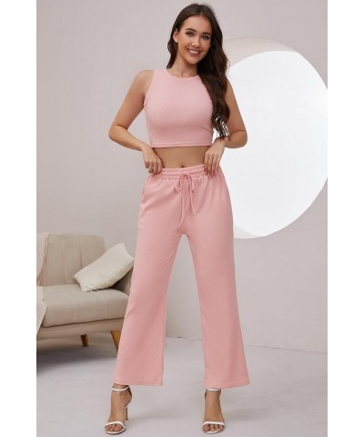 Two Piece Outfits Women Lounge Set Ribbed Knit 2 Piece Sleeveless Crop Top and High Waisted Wide Leg Pants Pink $15.18 Active...