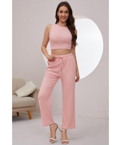 Two Piece Outfits Women Lounge Set Ribbed Knit 2 Piece Sleeveless Crop Top and High Waisted Wide Leg Pants Pink $15.18 Active...