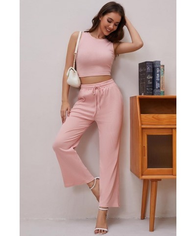 Two Piece Outfits Women Lounge Set Ribbed Knit 2 Piece Sleeveless Crop Top and High Waisted Wide Leg Pants Pink $15.18 Active...