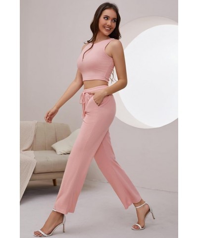 Two Piece Outfits Women Lounge Set Ribbed Knit 2 Piece Sleeveless Crop Top and High Waisted Wide Leg Pants Pink $15.18 Active...