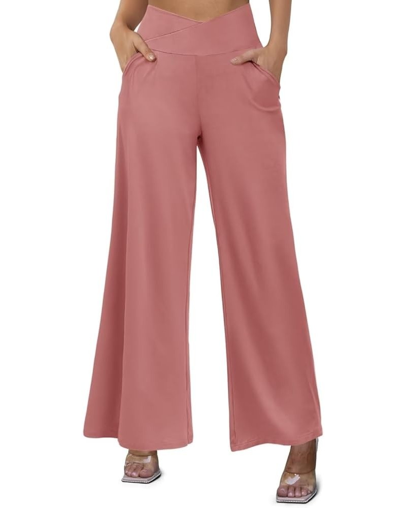Women's Wide Leg Casual Pants Cross Waist Palazzo Lounge Pajama Flowy Pants Yoga Sweatpants with Pockets A4 Dusty Pink $14.24...