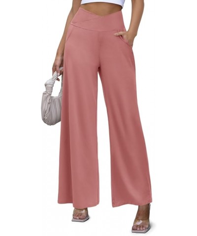 Women's Wide Leg Casual Pants Cross Waist Palazzo Lounge Pajama Flowy Pants Yoga Sweatpants with Pockets A4 Dusty Pink $14.24...