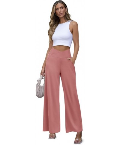 Women's Wide Leg Casual Pants Cross Waist Palazzo Lounge Pajama Flowy Pants Yoga Sweatpants with Pockets A4 Dusty Pink $14.24...