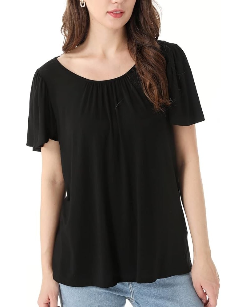 Womens Summer Tops Casual T Shirts Tie-Back Ruffle Short Sleeve Crew Neck Basic Loose Blouses Black $8.63 T-Shirts