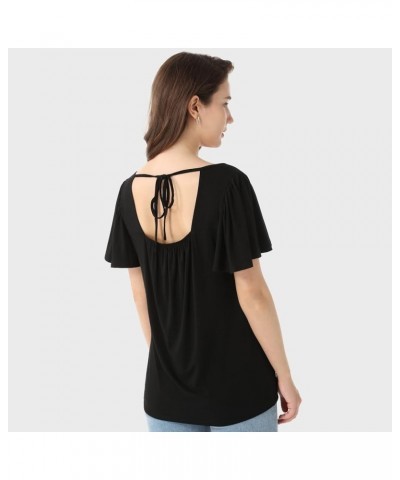 Womens Summer Tops Casual T Shirts Tie-Back Ruffle Short Sleeve Crew Neck Basic Loose Blouses Black $8.63 T-Shirts