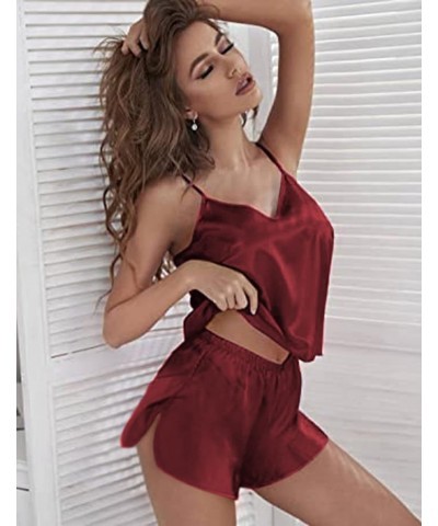 Women Silk Camisole Pajamas Shorts Set Dark Red $11.25 Sleep & Lounge