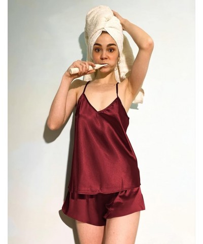 Women Silk Camisole Pajamas Shorts Set Dark Red $11.25 Sleep & Lounge