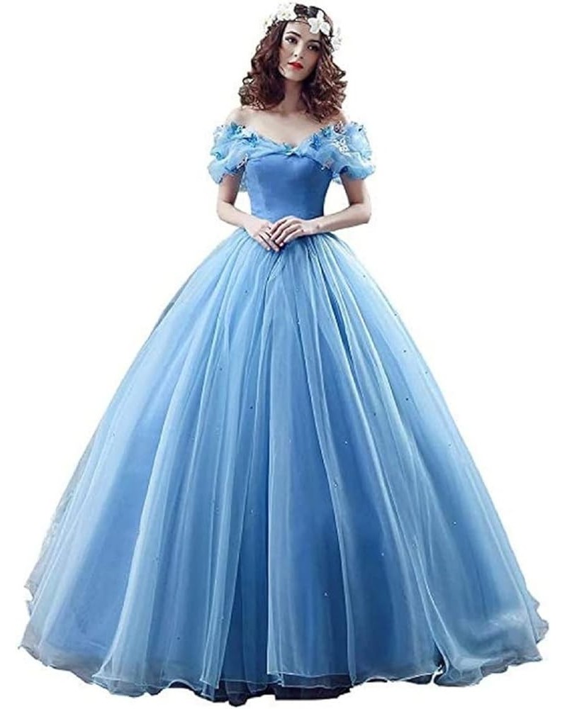 Women's Lace up Ball Gown Long Quinceanera Dress with Pleated Straps Blue $53.58 Dresses