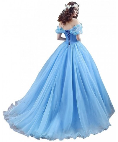 Women's Lace up Ball Gown Long Quinceanera Dress with Pleated Straps Blue $53.58 Dresses