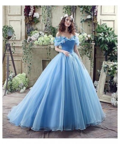 Women's Lace up Ball Gown Long Quinceanera Dress with Pleated Straps Blue $53.58 Dresses