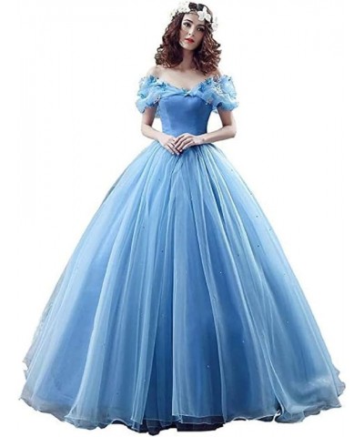 Women's Lace up Ball Gown Long Quinceanera Dress with Pleated Straps Blue $53.58 Dresses