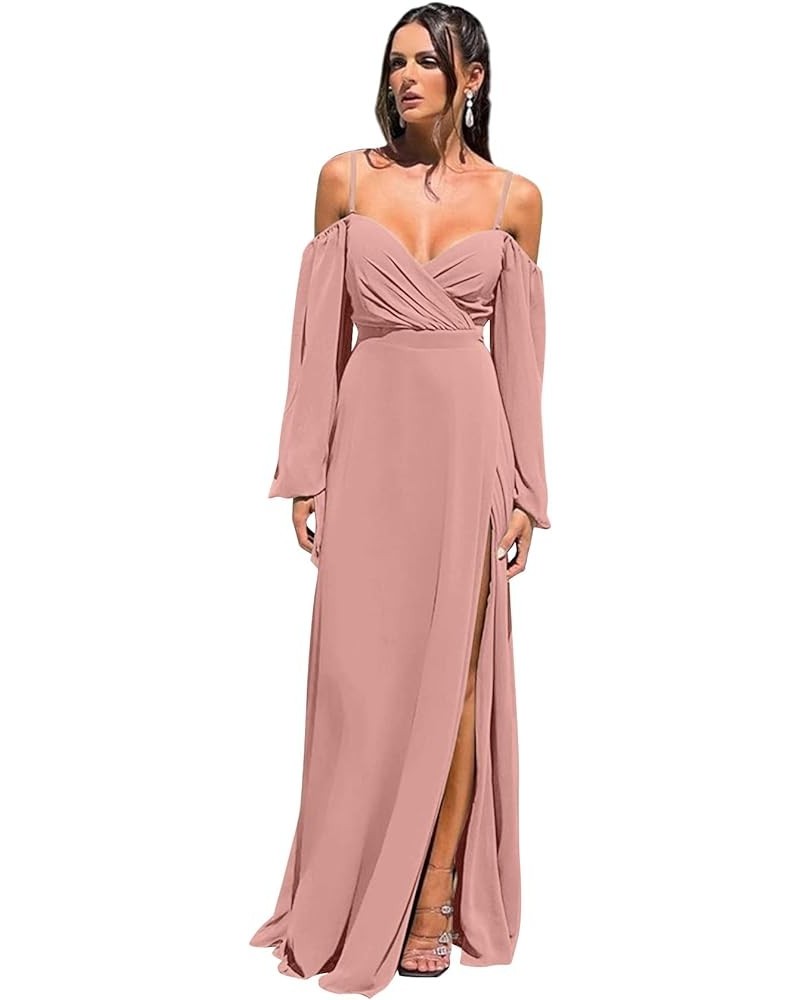 Cold Shoulder Long Sleeve Bridesmaid Dresses with Slit for Wedding Ruched Chiffon Formal Evening Gown Dusty Rose $26.00 Dresses