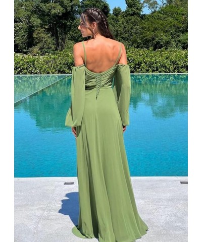 Cold Shoulder Long Sleeve Bridesmaid Dresses with Slit for Wedding Ruched Chiffon Formal Evening Gown Dusty Rose $26.00 Dresses