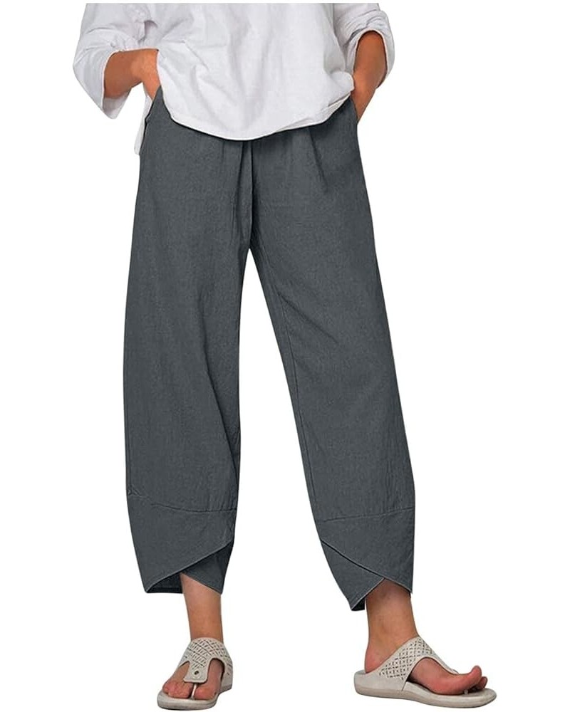 Womens Linen Wide Leg Pants Elastic High Waist Palazzo Pants Business Casual Loose Trousers with Pocket A11 Dark Grey-01 $15....