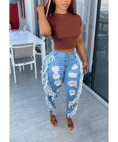 Women's High Waisted Ripped Jeans Cut Out Destroyed Frayed Tassels Distressed Denim Pants 4-light Blue $18.92 Jeans