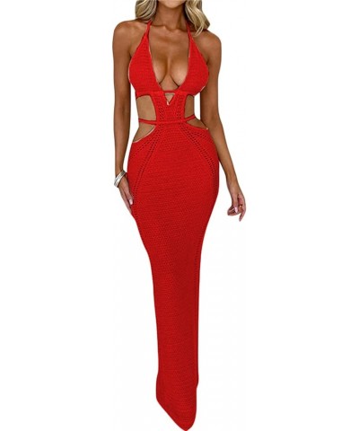 Women Crochet Knit Maxi Dress Sexy Deep V Neck Halter Tie-Up Cut Out Bodycon Long Dress Beach Party Clubwear 1 Red $14.28 Dre...