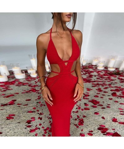 Women Crochet Knit Maxi Dress Sexy Deep V Neck Halter Tie-Up Cut Out Bodycon Long Dress Beach Party Clubwear 1 Red $14.28 Dre...