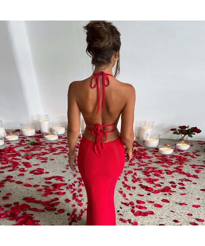 Women Crochet Knit Maxi Dress Sexy Deep V Neck Halter Tie-Up Cut Out Bodycon Long Dress Beach Party Clubwear 1 Red $14.28 Dre...