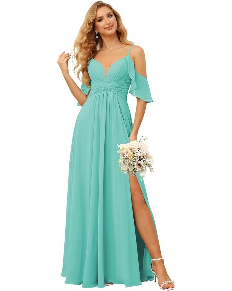 Off The Shoulder Chiffon Bridesmaid Dress with Slit A Line Empire Waist Pleats Bridesmaid Dress Long for Women RS036 Turquois...