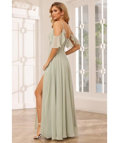 Off The Shoulder Chiffon Bridesmaid Dress with Slit A Line Empire Waist Pleats Bridesmaid Dress Long for Women RS036 Turquois...