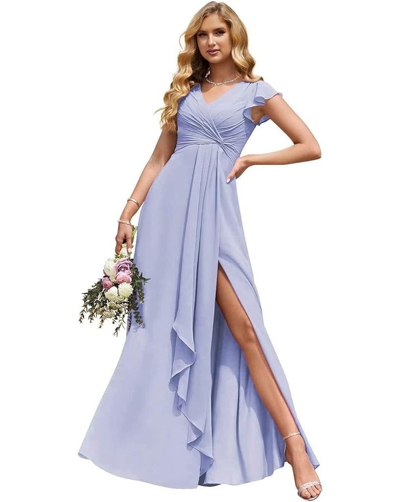V-Neck Pleated Bridesmaid Dresses Chiffon Long 2023 A-Line Short Sleeve Wedding Party Gown Lavender $34.55 Dresses
