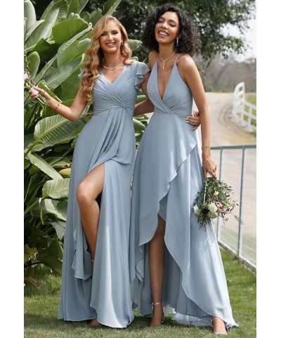 V-Neck Pleated Bridesmaid Dresses Chiffon Long 2023 A-Line Short Sleeve Wedding Party Gown Lavender $34.55 Dresses