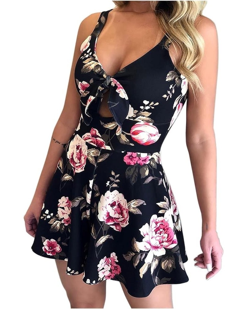 Women's Jumpsuits Floral Print Spaghetti Straps Sleeveless V Neck Front Tie Knot Rompers Backless Ruffle Hem Short Jumpsuit B...
