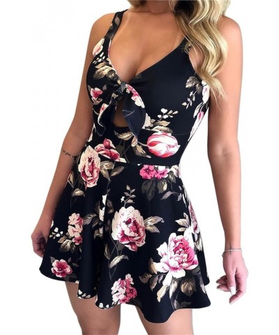 Women's Jumpsuits Floral Print Spaghetti Straps Sleeveless V Neck Front Tie Knot Rompers Backless Ruffle Hem Short Jumpsuit B...