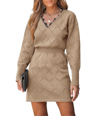 Women Sweater Pointelle Knit Scalloped Lace Dress Long Drop Sleeve Pullover Casual Brown $18.60 Sweaters