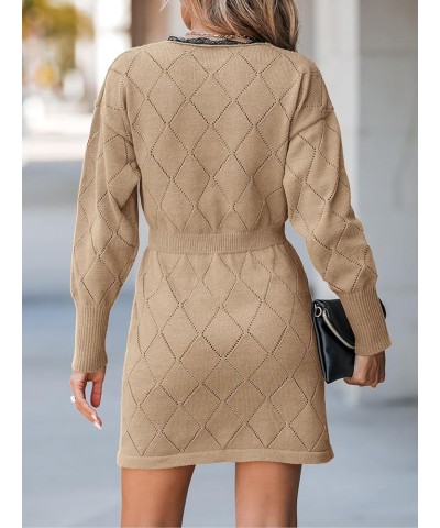 Women Sweater Pointelle Knit Scalloped Lace Dress Long Drop Sleeve Pullover Casual Brown $18.60 Sweaters